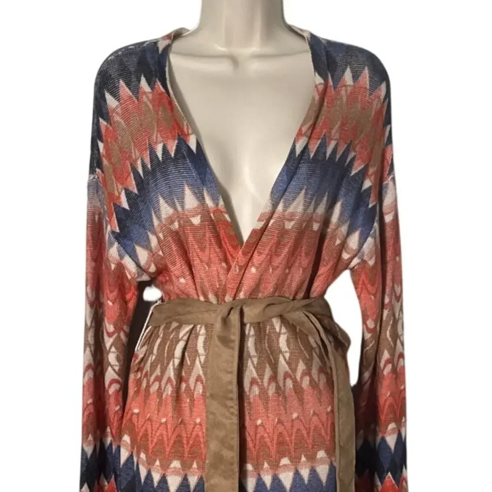 Chico's‎ Ikat Freya Tie Waist Duster Length Cardigan Boho Southwest Size 2/L